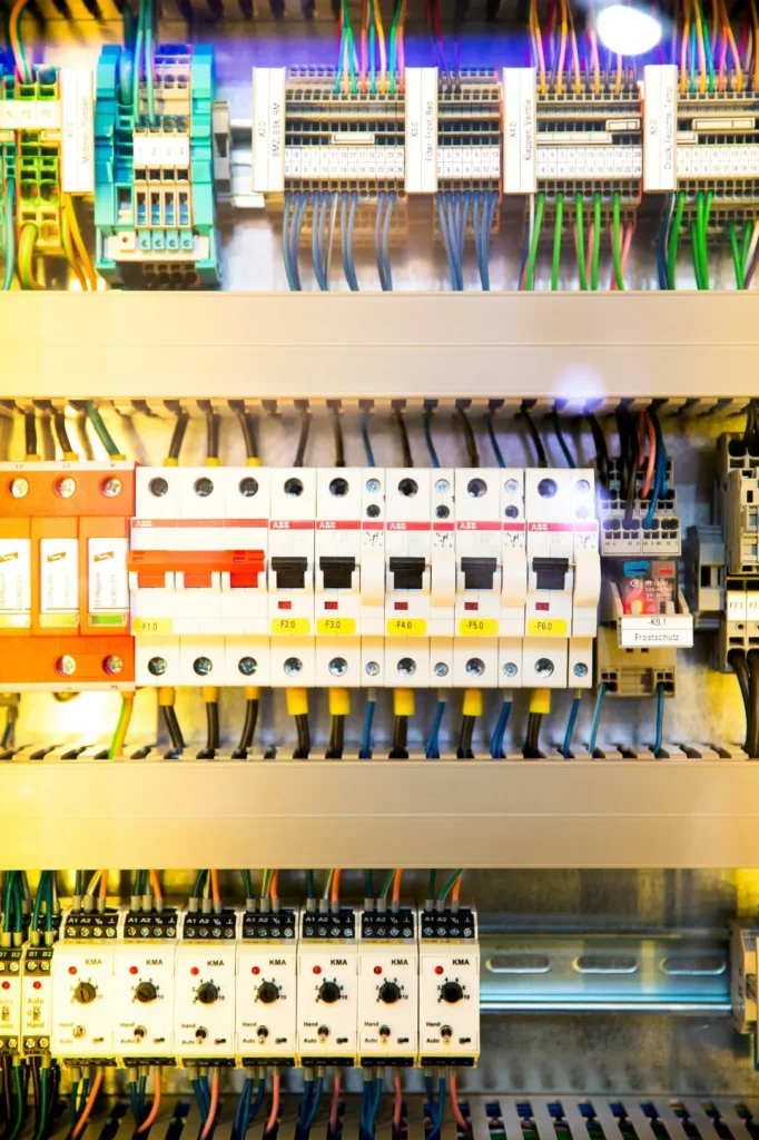 Close-up of an electrical circuit breaker panel with multiple colorful wires and switches organized in a metal box. Labels and numbers are visible on the breakers, illustrating a complex and organized electrical system.